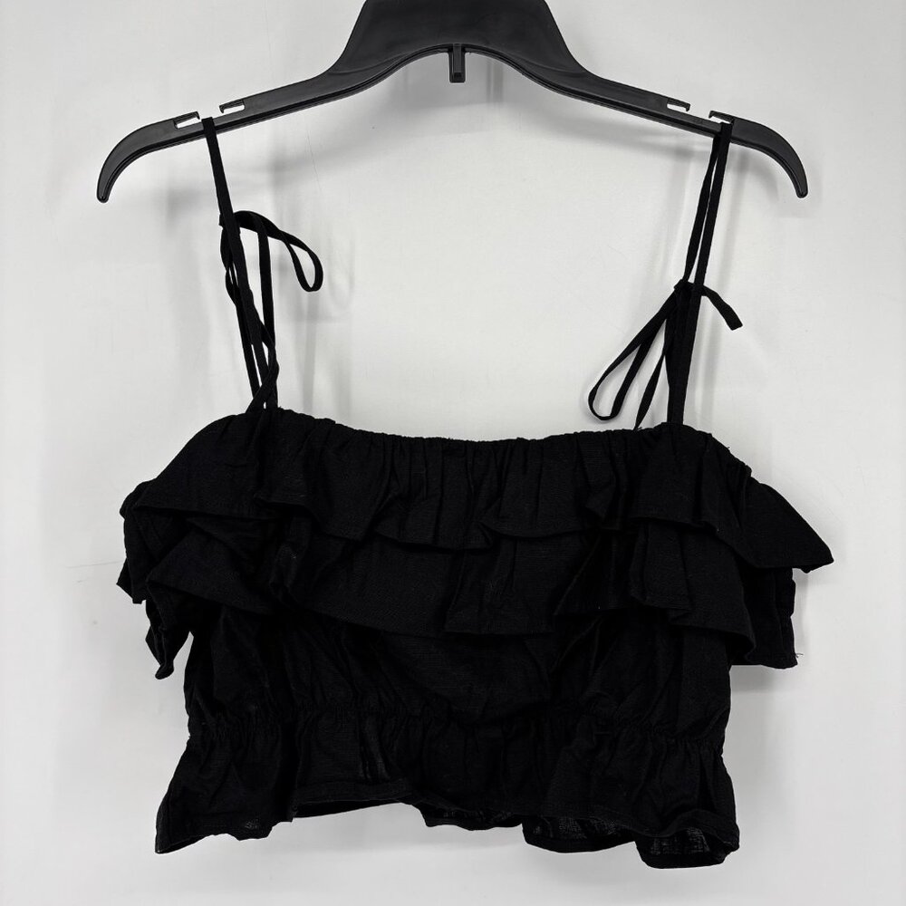 Aqua Women's Linen-Blend Tie Straps Ruffle Cropped Tank Top Black Size M NWT - Picture 3 of 7
